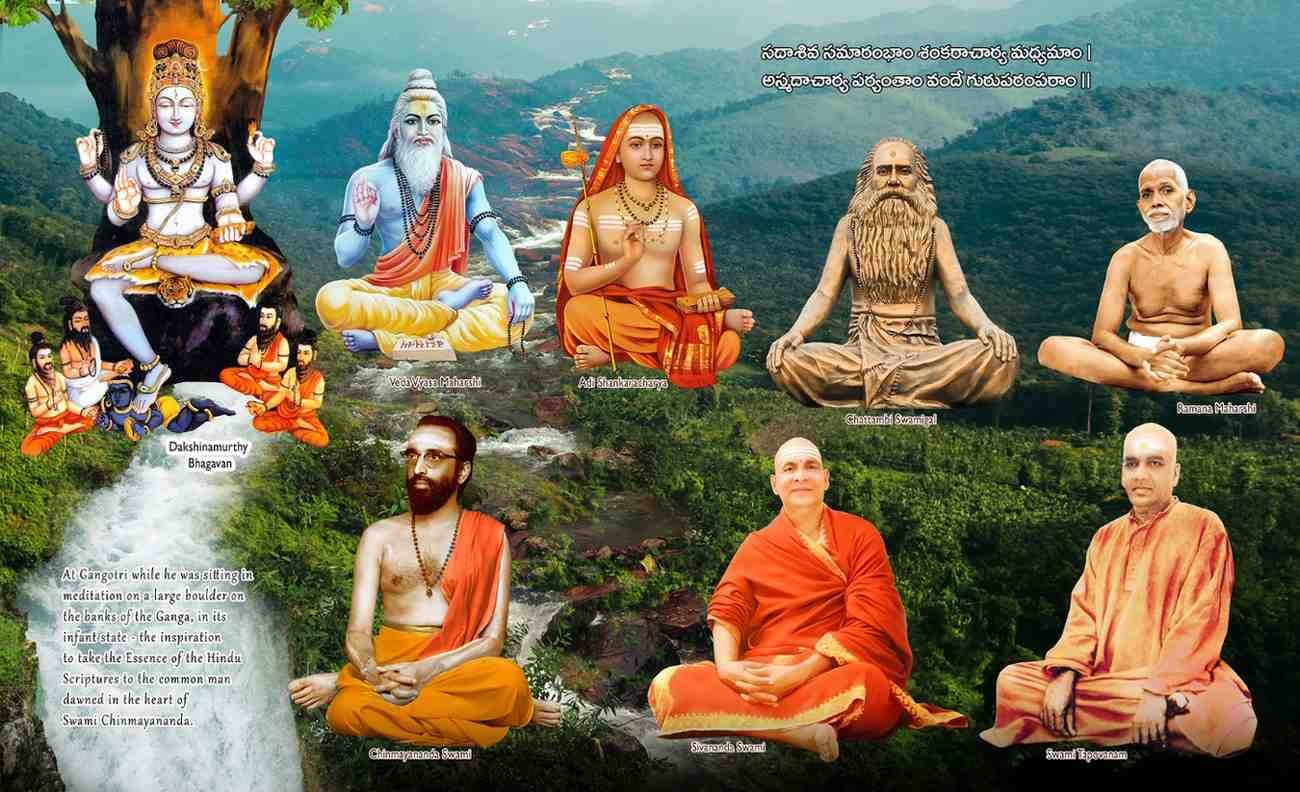 Guru Parampara - Sacred lineage from Dakshinamurthy Bhagavan, Veda Vyasa Maharshi, Adi Shankaracharya to Swami Chinmayananda, Swami Sivananda, and Swami Tapovanam